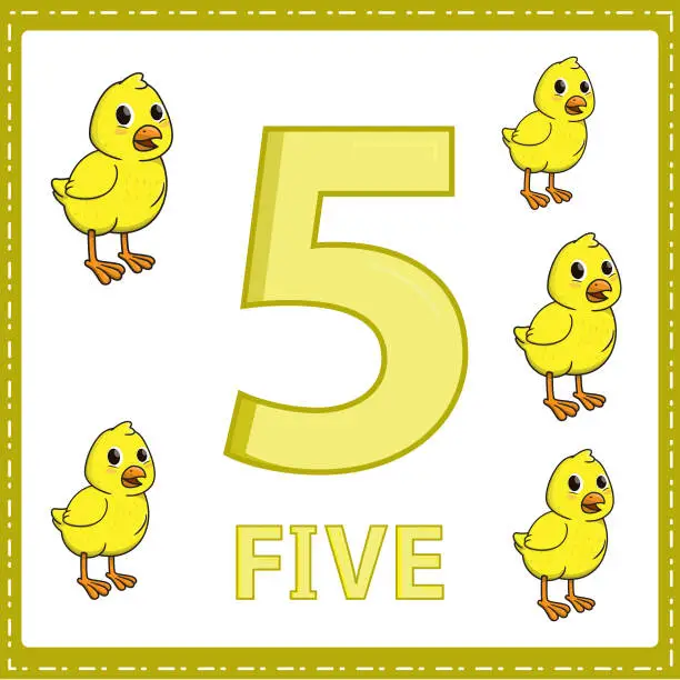 Vector illustration of Illustrations for numerical education for young children. for the children Learned to count the numbers 5 with 5 chickens as shown in the picture in the animal category.