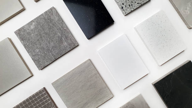 istock samples of interior stone material consists concrete tiles, quartz stones, artificial stones, graphic tile. top view of interior selected material for mood and tone board. inteior materials palette. 1343558883
