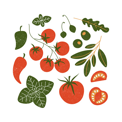 Various food illustrations. Tomatoes, olives, basil, chili peppers, arugula, capers. Retro texture. Vector illustration.