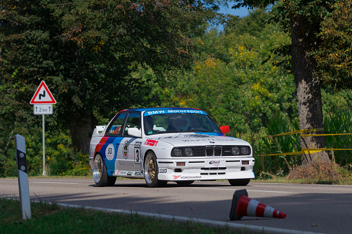 Heubach, Germany - September 19, 2021: 1991 BMW M3 german oldtimer sports racing car at the 9. Bergrevival Heubach 2021 event.