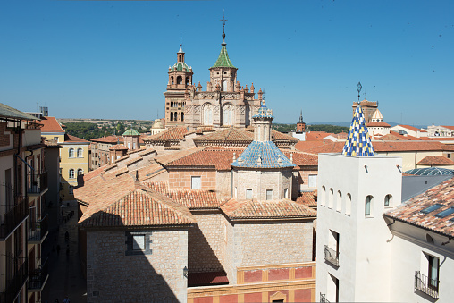 Beautiful aerial view of Teruel rooftops and Cathedral from the Museum terrace. Teruel, Aragon, Spain. Europe