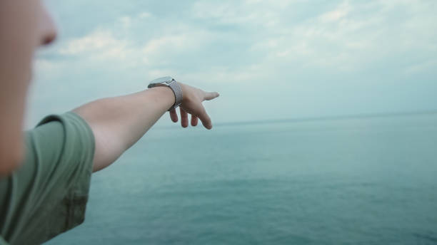istock Young man pointing to the horizon with his forefinger while looking out to sea 1343566056