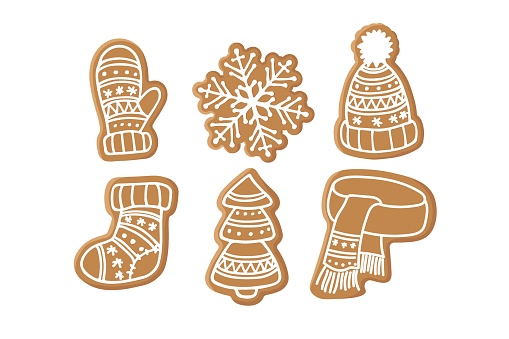 Set of Gingerbread cookies. Traditional Christmas baking with glaze drawing. Winter Holiday symbol. Tasty homemade Christmas cookie. Flat vector isolated on white. Sweet baked dessert pastrie.
