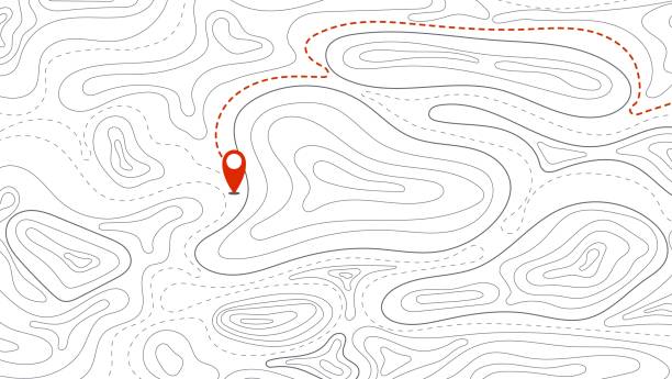 ilustrações de stock, clip art, desenhos animados e ícones de topographic map and direction marker abstract background. outline cartography landscape. topographic relief map. modern cover design with wavy lines. vector card with weather map outline pattern. - orienteering