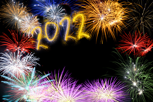 2022 New Year fireworks celebration. Black Background.