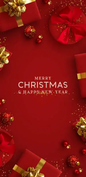Vector illustration of Christmas vertical backgrounds, xmas poster, web banner. Holiday templates cover for social networks, design for and stories. Realistic 3d decorative objects. Happy New year. vector illustration