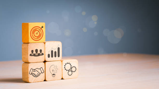 istock Action plan, goal and target, success and business target concept, project management, and company strategy development stacked woods block step on table with icon 1343574266