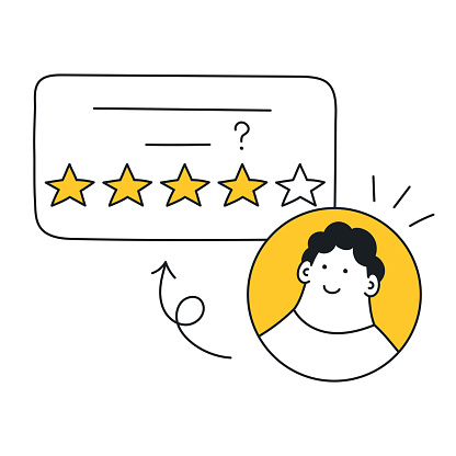 Comment with five stars and the head of the happy customer. Evaluation, rating, customer feedback. Thin line vector illustration on white background.