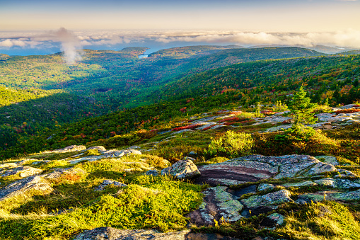 Fog in rising from the sea and the valleys as seen from the top of Cadillac Mountain in Acadia National Park