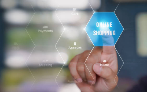 istock Online Shopping Concept. Hand tapping at online shopping button on screen interface 1343576895
