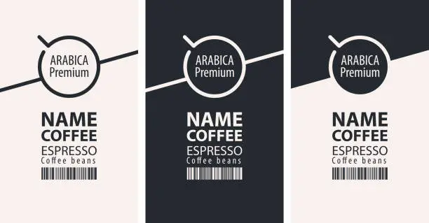 Vector illustration of set of three labels for coffee beans with barcodes