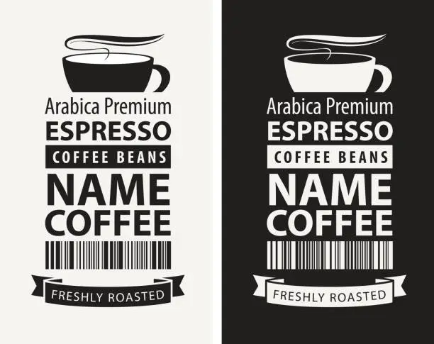 Vector illustration of labels for coffee beans with cups and bar codes