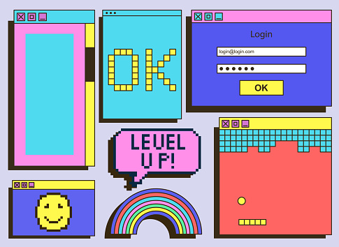 Set of vintage retrowave UI and UX graphic colorful computer windows on grey background. Dialog box, tab, button, modal window as a part of retro computer interface. Flat cartoon vector illustration