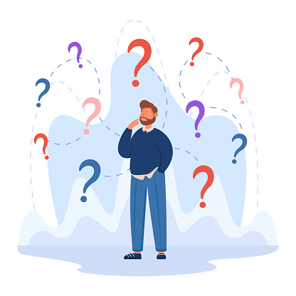 Confused business character making important decision. Man with questions, different options, making choice flat vector illustration. Goal, success, strategy concept for banner, website design