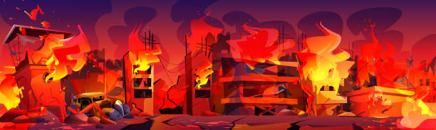 istock City in fire, burning buildings with smoke and flame 1343583262