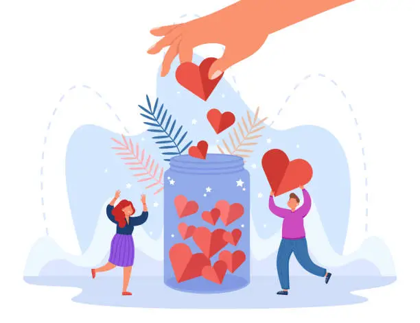 Vector illustration of Hand of generous person putting heart in jar