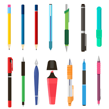 School pens and pencils set. Vector illustrations of stationery. Cartoon collection of marker, pencil with rubber, ballpoint, ink pen isolated on white. Education, tool for writing and drawing concept