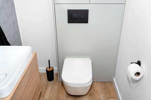 istock A white ceramic toilet with an closed flap in a modern restroom, a floor covered with ceramic tiles imitating wood. 1343583803
