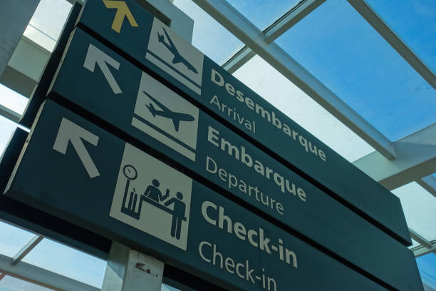 Airport signboard, plaque indicative. arrival, departure, check in