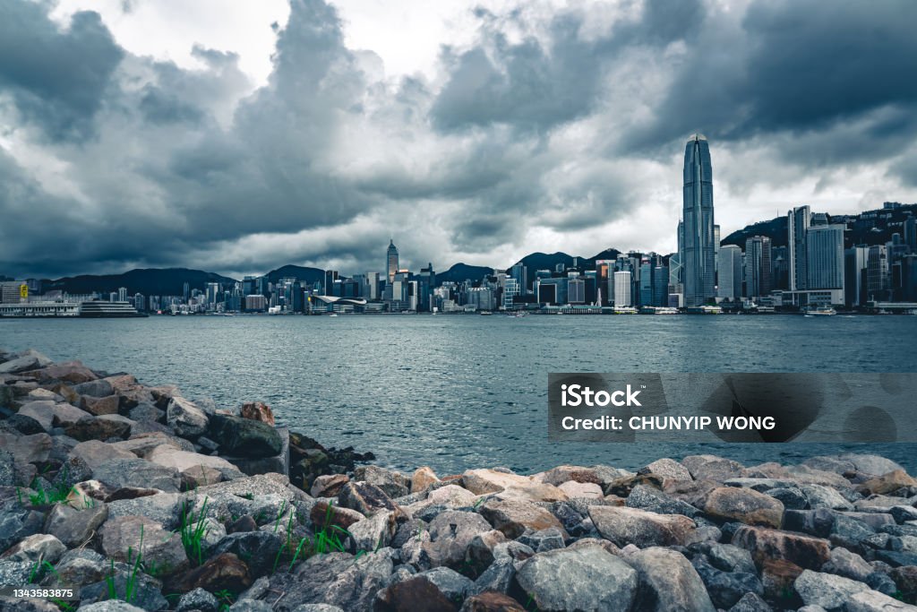 Hong Kong cityscape and dramatic sky Typhoon Stock Photo