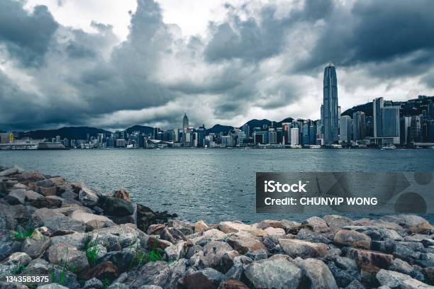Hong Kong Cityscape And Dramatic Sky Stock Photo - Download Image Now - Typhoon, Dark, Hong Kong