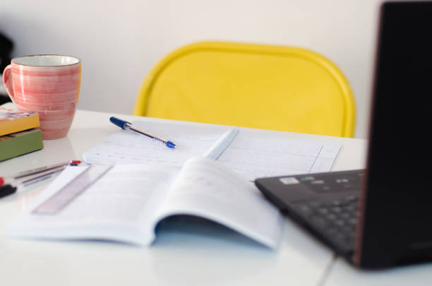 a student's desk with books, pens and a computer. a businessman's desk with a laptop and library materials.
