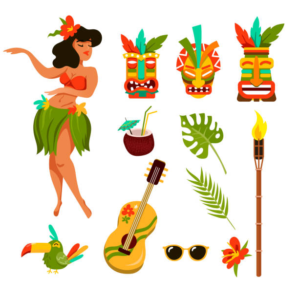Symbols of Hawaii vector illustration set Symbols of Hawaii vector illustration set. Collection of traditional elements, Hawaiian guitar, mask, girl with flower in hair dancing isolated on white background. Traveling, tourism, culture concept luau stock illustrations
