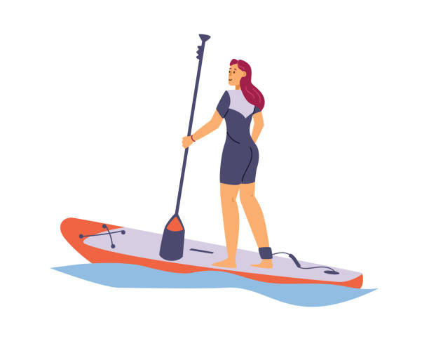 illustrazioni stock, clip art, cartoni animati e icone di tendenza di giovane donna in abbigliamento sportivo galleggia su paddle board in mare, oceano o acqua del lago. - paddleboard oar women lake