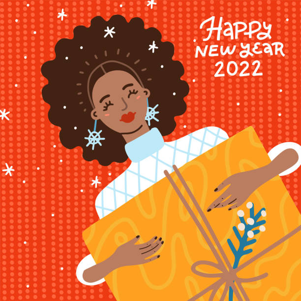 ilustrações, clipart, desenhos animados e ícones de retrato da moda de uma mulher afro-americana segurando uma grande caixa de presentes nas mãos. celebração do natal e ano novo. senhora negra feliz com penteado afro. surpresa de natal - christmas celebration beautiful surprise