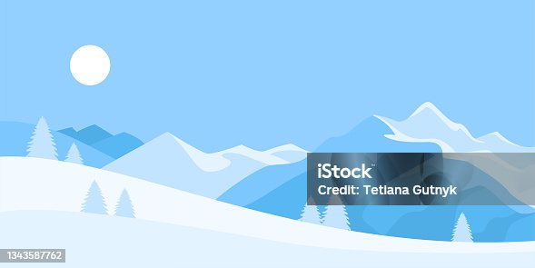 istock Winter landscape background. Vector illustration of snowy mountains in cartoon flat style. 1343587762