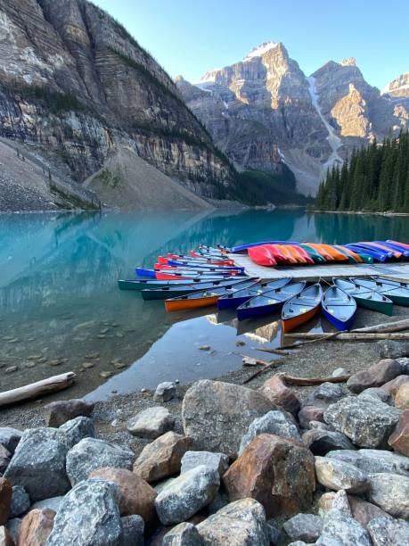 istock Moraine Lake at sunrise with canoes 1343587804
