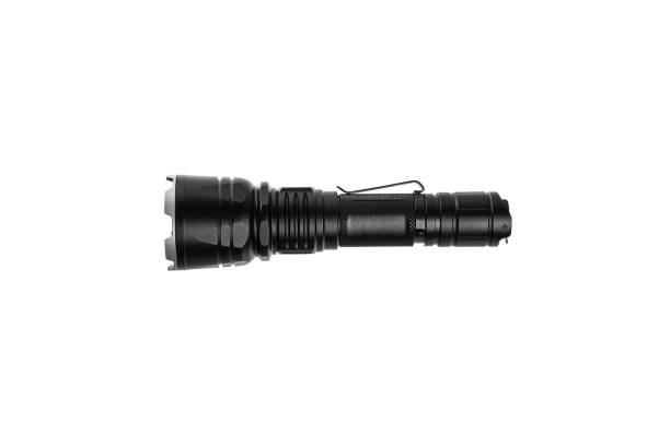 moderna torcia a led in metallo di colore nero. torcia portatile isolata su uno sfondo bianco. - tactical flashlight foto e immagini stock
