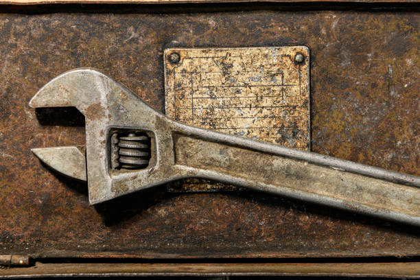 istock Old vintage iron toolbox witch wrench and nameplate 1343592688