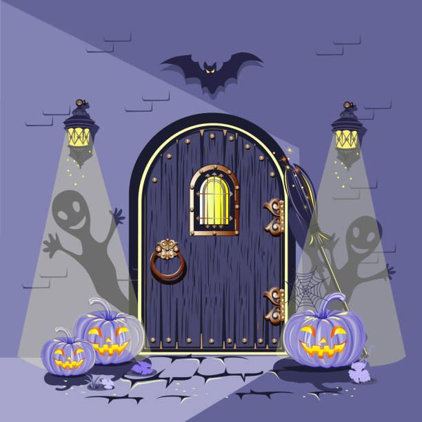 ilustraciones, imágenes clip art, dibujos animados e iconos de stock de la antigua puerta de madera está decorada para halloween - front porch