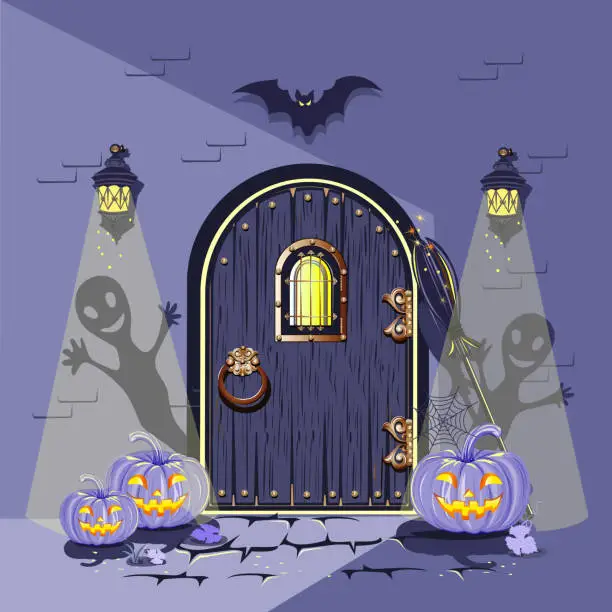 Vector illustration of old wooden door is decorated for Halloween
