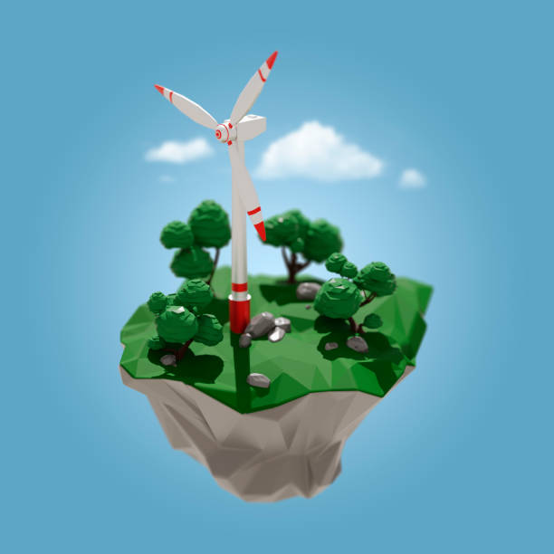 Low poly wind turbine on a flying island. Green energy concept.