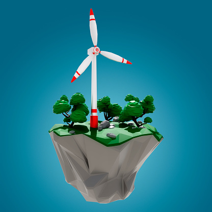 Low poly wind turbine on a flying island. Green energy concept.