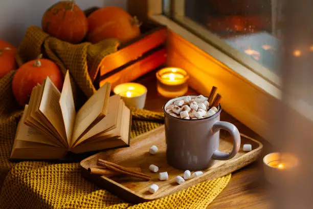 Mug of cocoa or hot chocolate with marshmallows next to the window with candles, pumpkins, book and warm blanket. Cozy home atmosphere in rainy autumn day. Нygge lifestyle concept