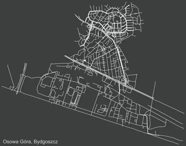 Vector illustration of Dark negative street roads map of the Osowa Góra district of Bydgoszcz, Poland