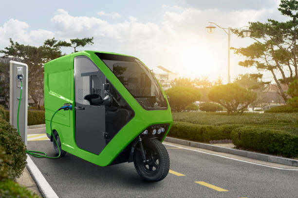 Concept of delivery electric tricycle scooter stock photo