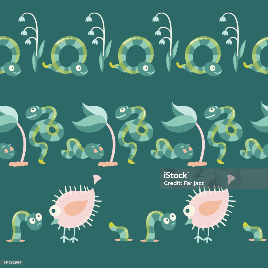 Worm Border Cute Bird And Worms Vector Seamless Horizontal Borders Set Stock ...