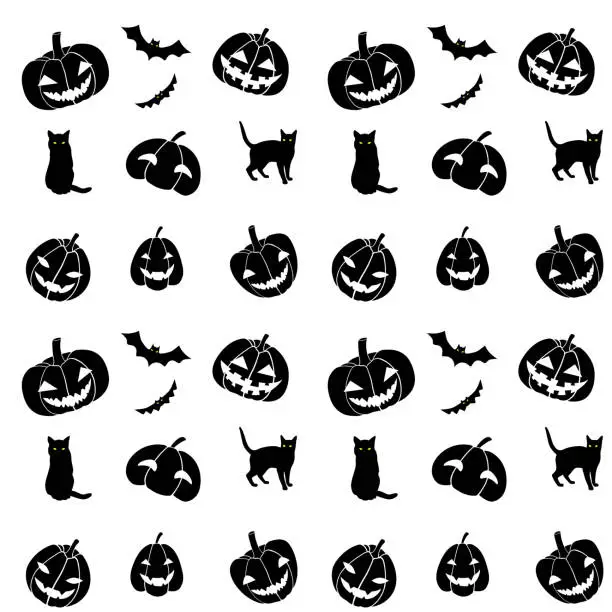 Vector illustration of pattern seamless helloween black and white cat pumpkin bat