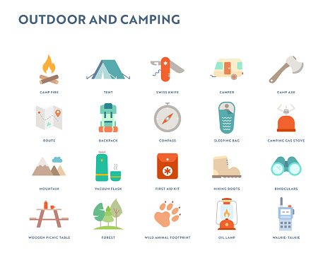 Outdoor and Camping Flat Icon Set with Pastel Colors.