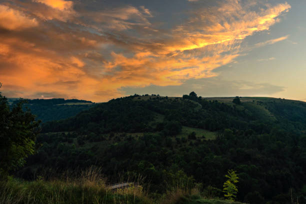 View of the sunset from the viewpoint at Monsal Head in Derbyshire, UK