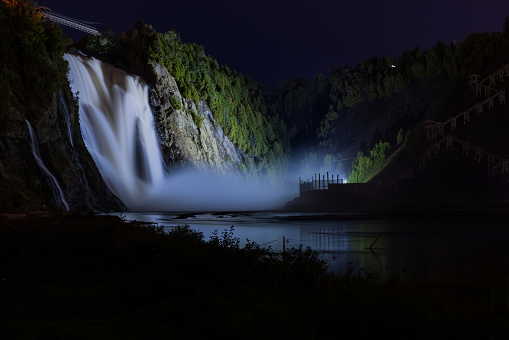 View of Montmorency Falls near Quebec City, near Île d'Orléan with the suspended bridge at the top.