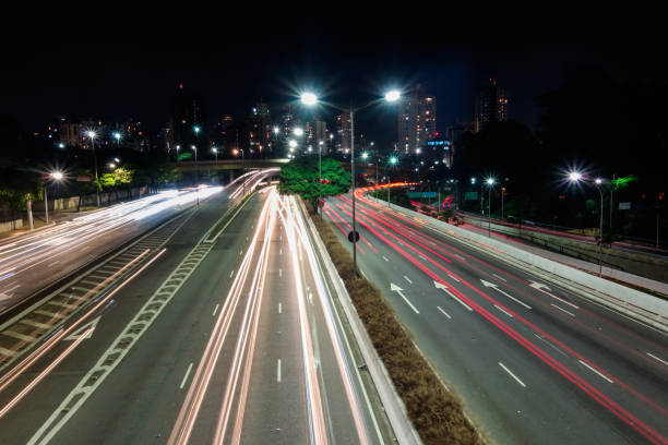 istock freeway in Sao Paulo city at night, long exposure, light trails. 1343608152