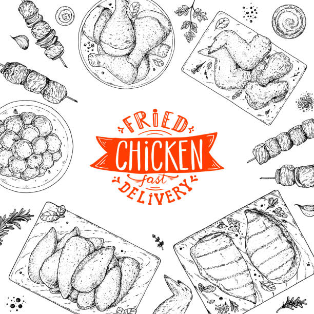 ilustrações de stock, clip art, desenhos animados e ícones de chicken dinner. grilled and fried chicken. hand drawn sketch illustration. grilled chicken meat top view frame. vector illustration. engraved design. restaurant menu design template. - barbecue chicken illustrations