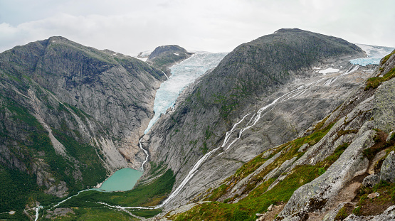 Briksdalbreen glacier and its lagoon from Kattanakken (the cat's neck), Jostedalsbreen National Park, Norway.