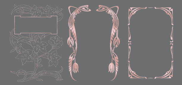 ilustrații de stoc cu etichete art nouveau și rame cu textură roz - art nouveau