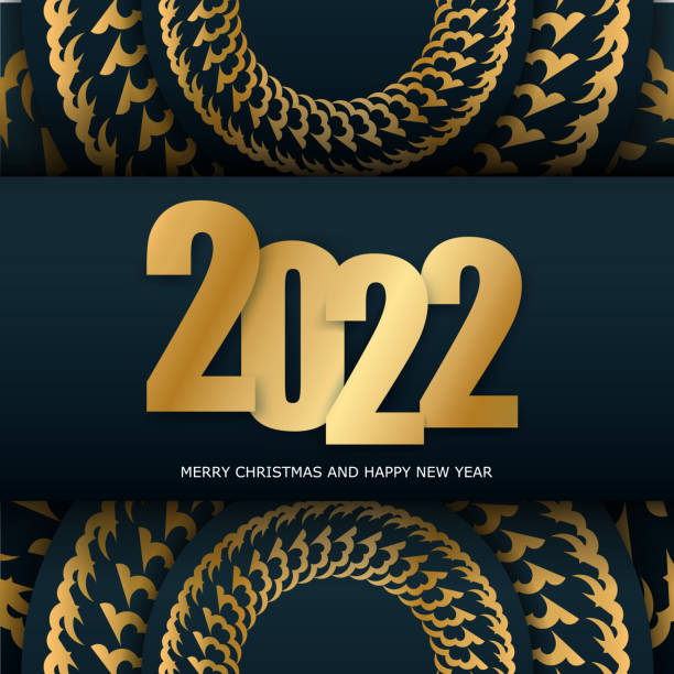 istock 2022 Holiday Card Merry Christmas Dark Blue with Vintage Gold Pattern 1343610982